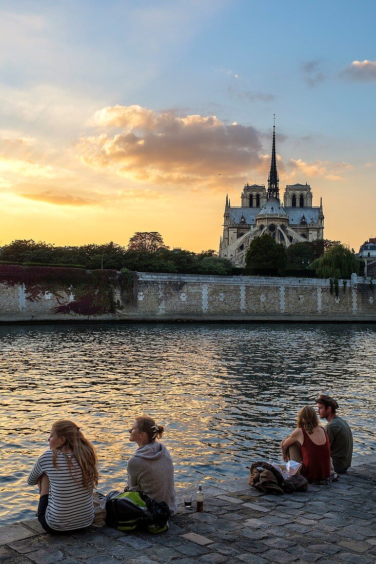 Frankreich, Paris, die Ufer der Seine, UNESCO Weltkulturerbe, Kathedrale Notre Dame, Ile de la Cite, bei Sonnenuntergang, Blick vom Quai d'Orleans