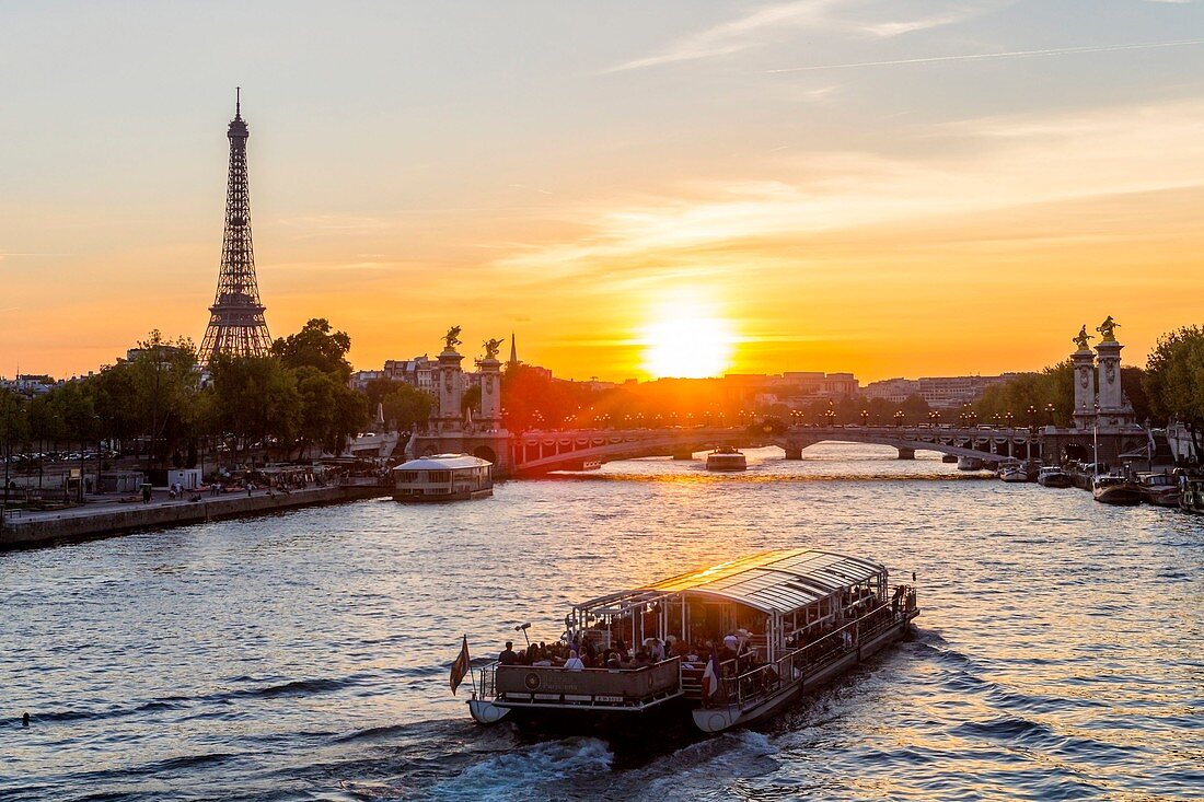 France, Paris, area listed as World Heritage by UNESCO, the Alexandre III bridge and the Eiffel Tower, a boat on the Seine