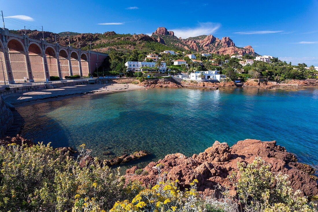 France, Var, Corniche de l'Esterel, Saint Raphael, creek of Antheor and the Cap Roux dominated by the Saint Pilon which peaks in 442m