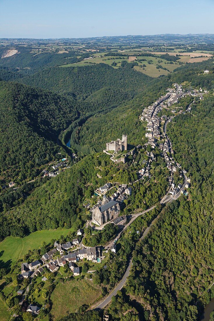 France, Aveyron, Najac, labelled Les Plus Beaux Villages de France (The Most beautiful Villages of France) (aerial view)