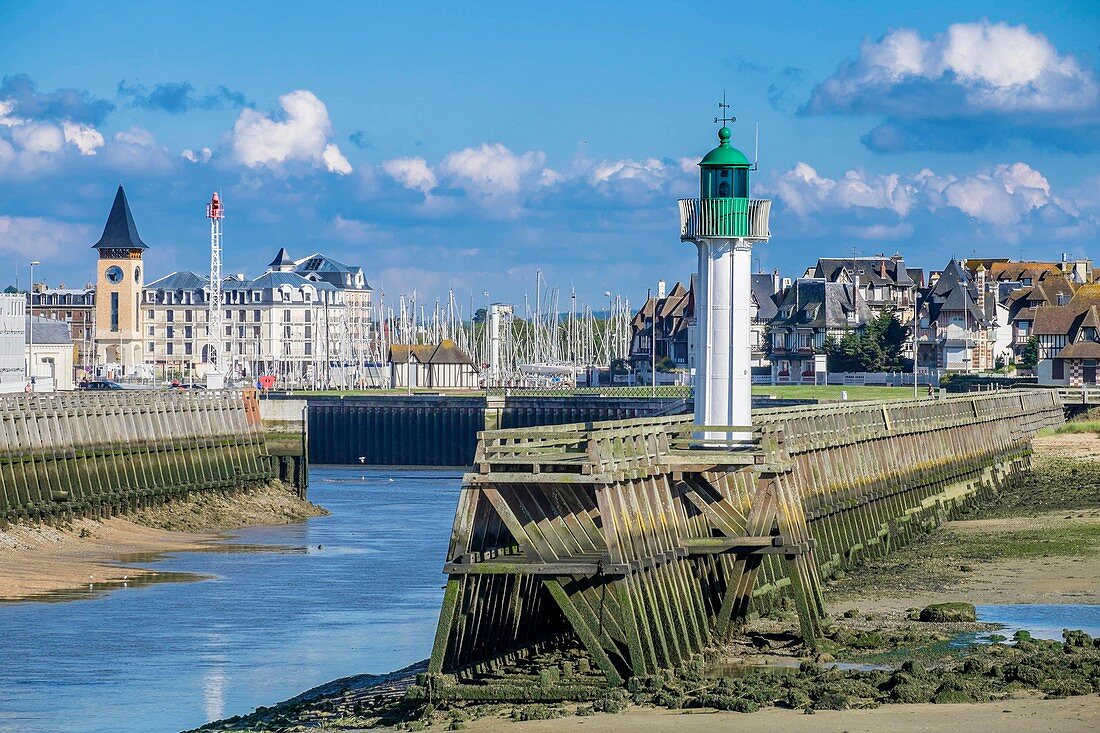France, Calvados, Pays d'Auge, Trouville sur Mer, lighthouse and the Touques river