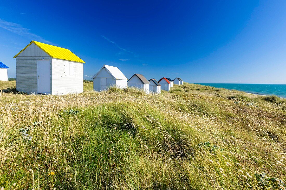 France, Manche, Cotentin, Gouville sur Mer, beach cabins