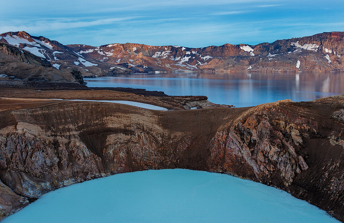 The turquoise crater lake Víti and Lake Öskjuvatn during the blue hour, Askja, Iceland