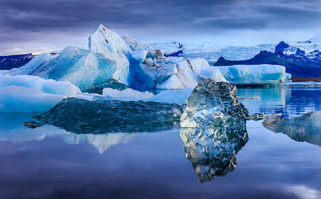 Icebergs in the Jokulsarlon glacier lagoon at blue hour, Iceland