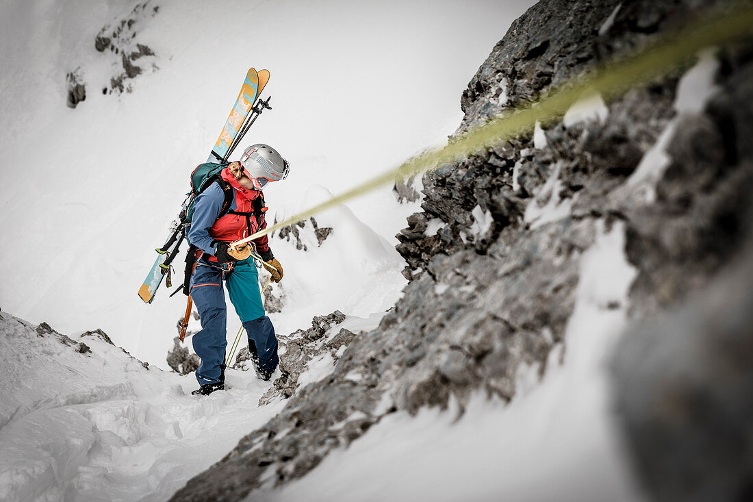 Skialpinistin seilt mit Ski ab Rücken durch felsdurchsetztes Gelände ab, Mieminger Kette, Tirol, Österreich