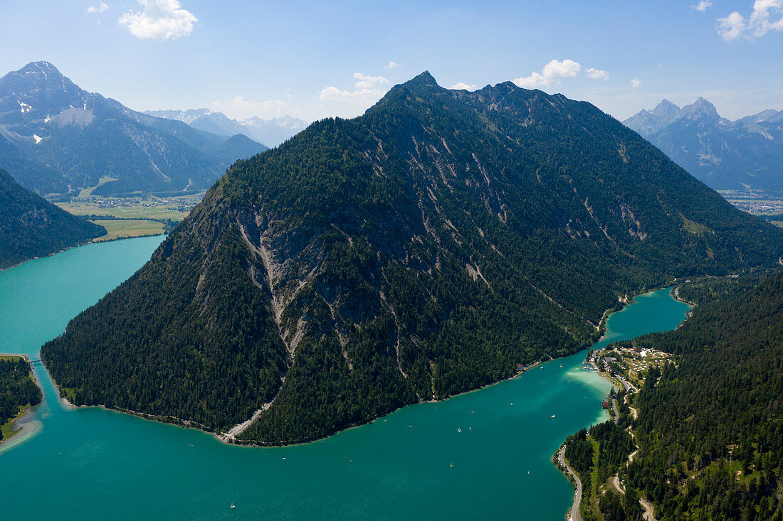 Southern Plansee with a view of the Little Plansee on the left and Heiterwanger See on the right, Tyrol, Austria