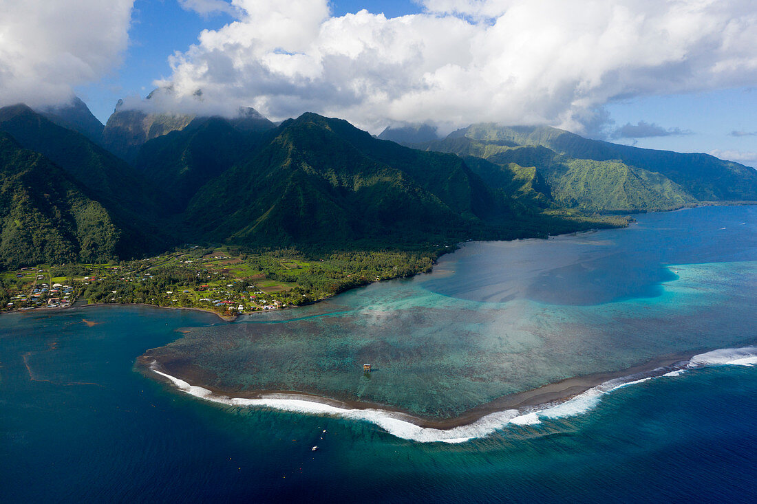 Aerial view of Teahupoo, Tahiti, French Polynesia