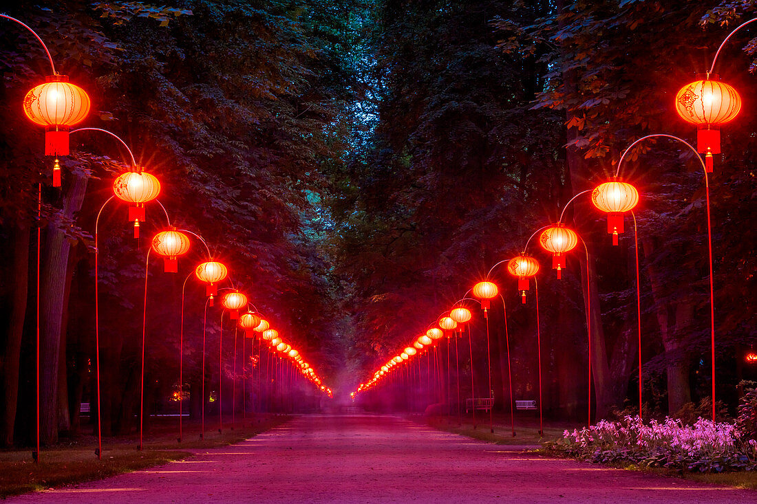 Königlicher Garten in Warschau, genannt Lazienki Krolewskie, chinesischer Garten mit Königspromenade am Abend, Polen, Europa