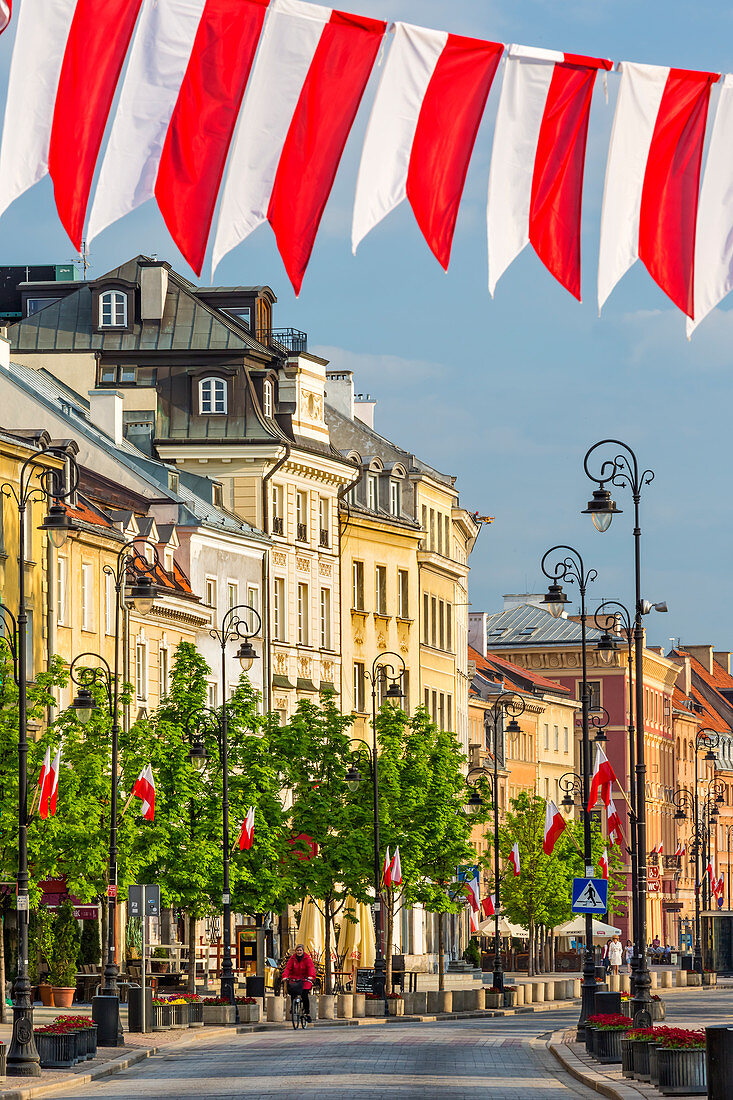 Krakowskie Przedmiescie street, early morning, may, flags of Poland, Constitution Day, Old Town, Warsaw, Mazovia region, Poland, Europe