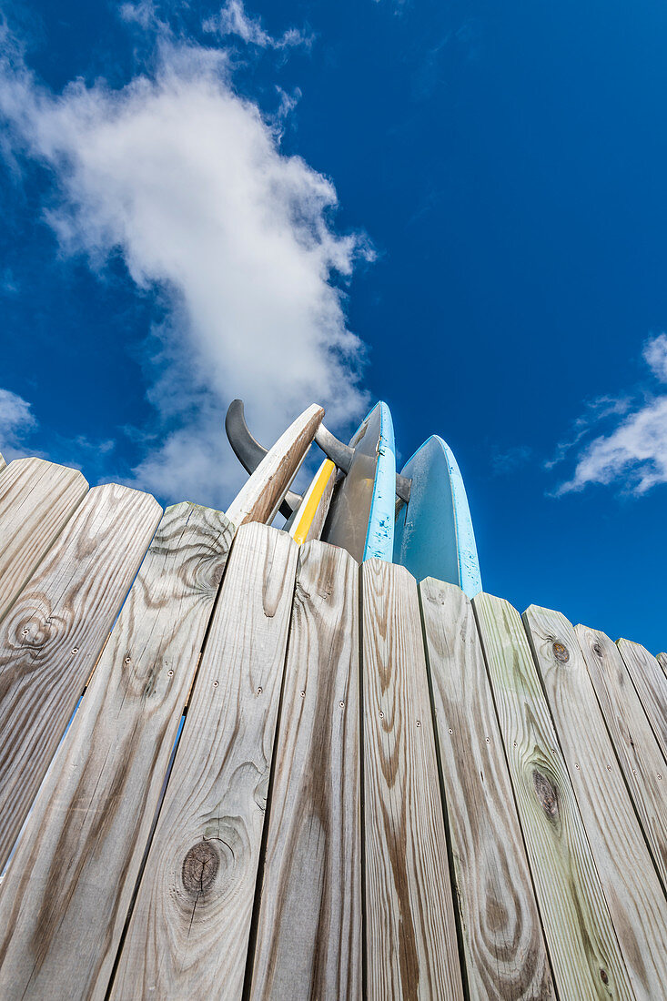 Surfboards behind a wooden wall, Fort Myers Beach, Florida, USA