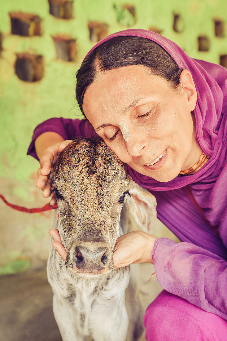 2017, Kusum Sarovara, Govardhan, Vrindavan, Uttar Pradesh, India, The priestess Nitya-Kisori devi dasi hugs a newborn cow from Udhava das Baba