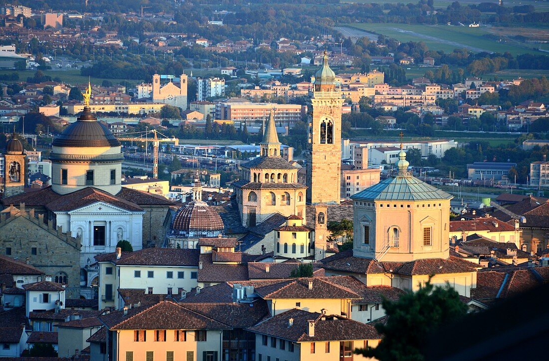 Evening view of the upper town with its towers and churches, Bergamo, Lombardy, Italy