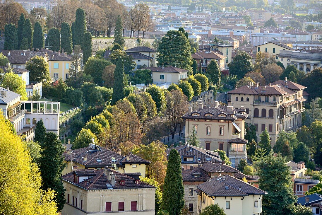 View from the promenade on the upper town to the lower town, Bergamo, Lombardy, Italy