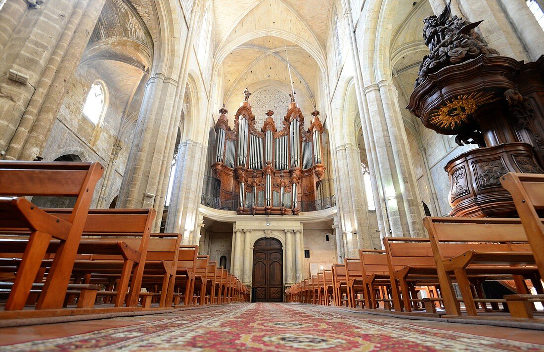 Organ and pulpit in the Saint Maximin Cathedral, Provence, France