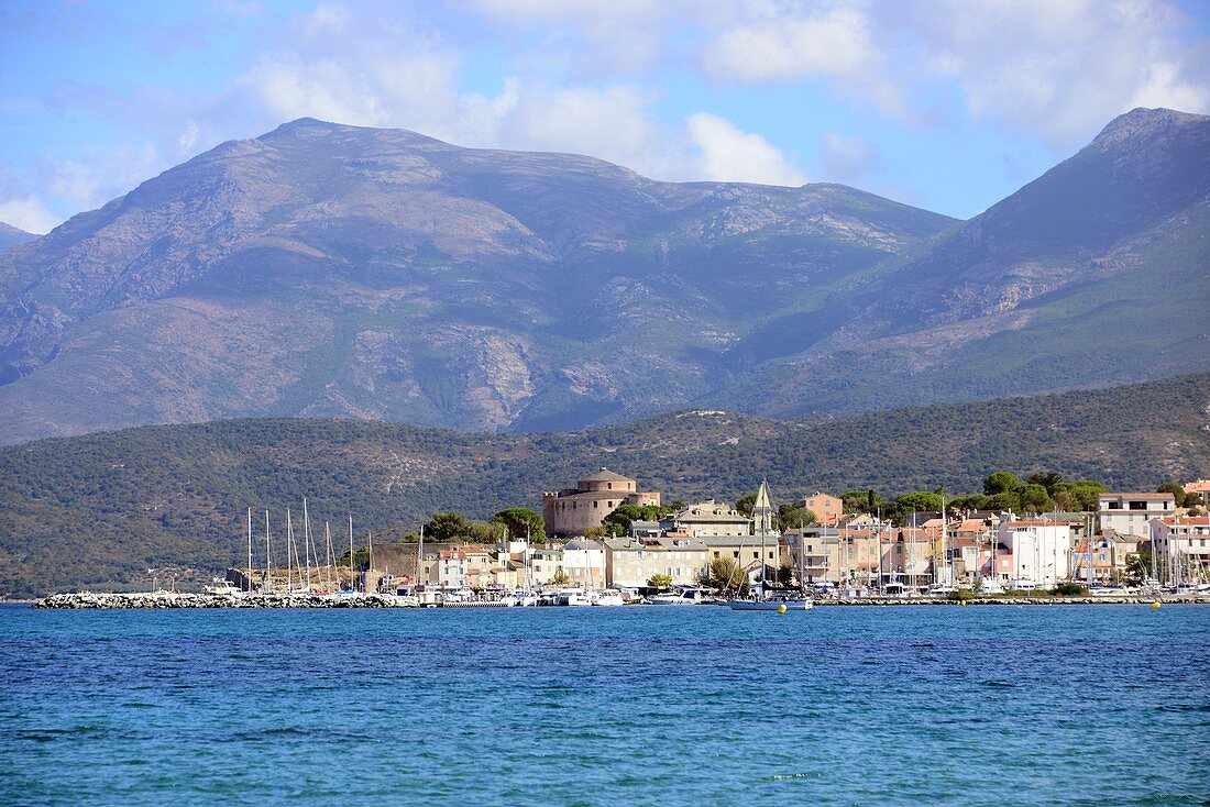 View of Saint-Florent and highlands, northern Corsica, France