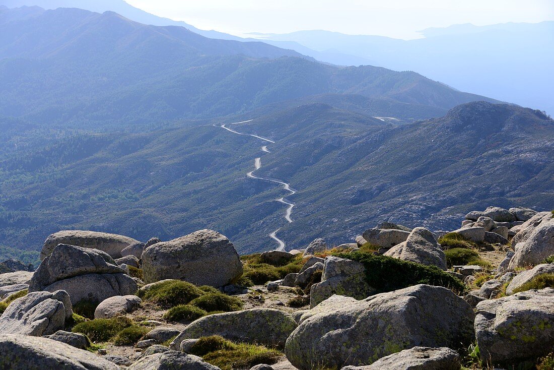 small mountain road and view to the sea from the Plateau du Cuscio near Quenza in Alta Rocca, southern Corsica, France