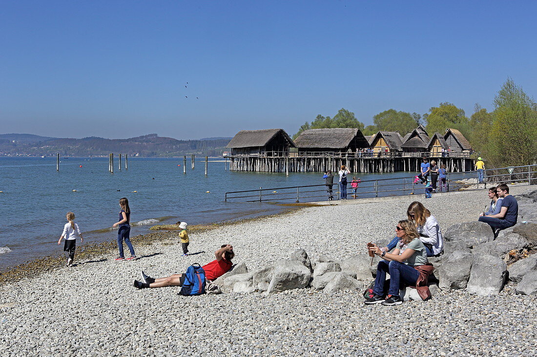 Beach at the pile dwellings, Unteruhldingen, Lake Constance, Baden-Württemberg, Germany