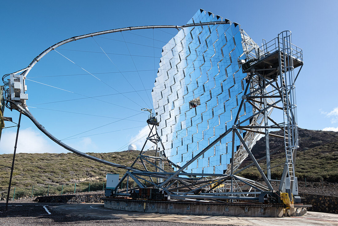View of the MAGIC mirror telescope, Roque de los Muchachos, Caldera de Taburiente, La Palma, Canary Islands, Spain, Europe