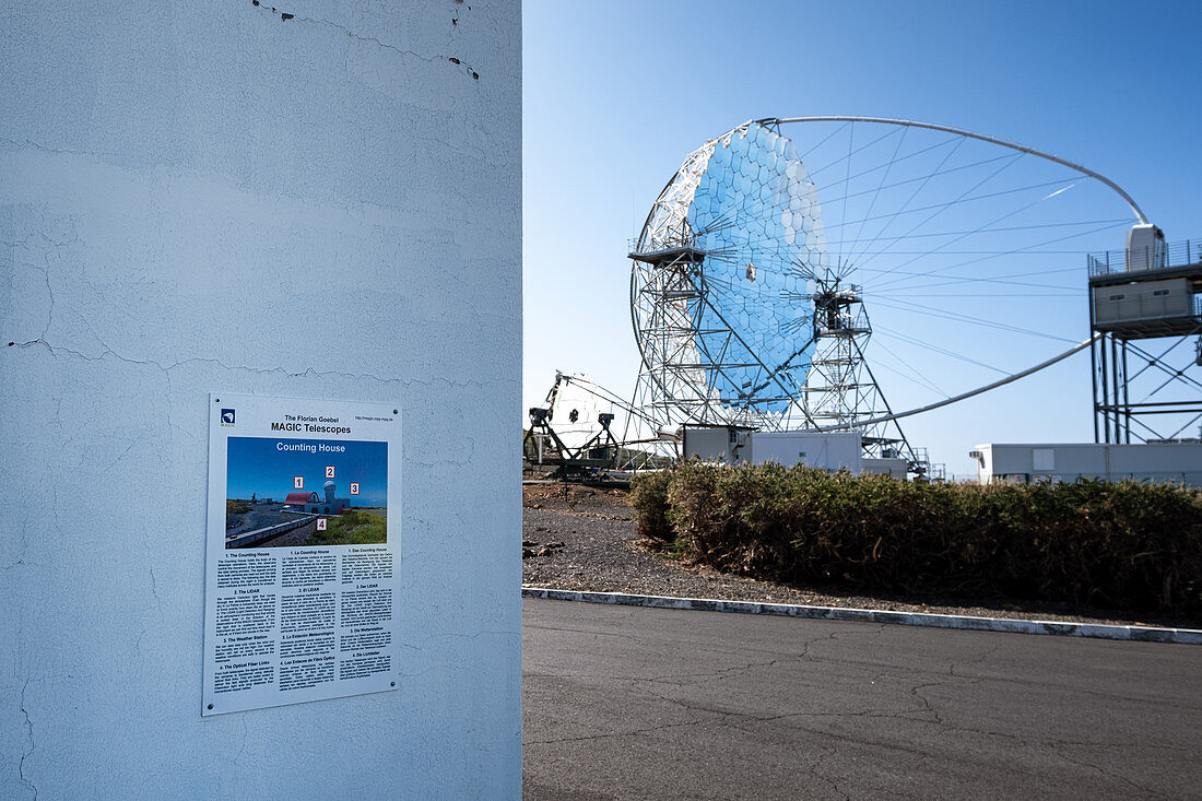 View of the MAGIC mirror telescope, Roque de los Muchachos, Caldera de Taburiente, La Palma, Canary Islands, Spain, Europe