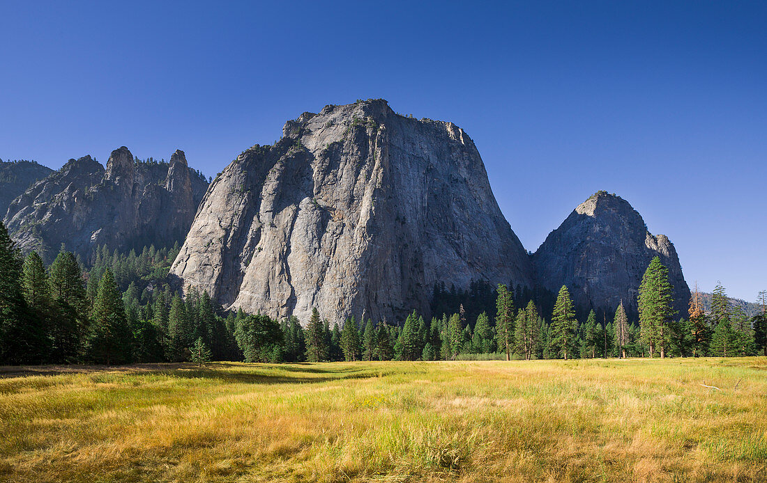 Wiesen und Felsen im Yosemite Valley, USA\n