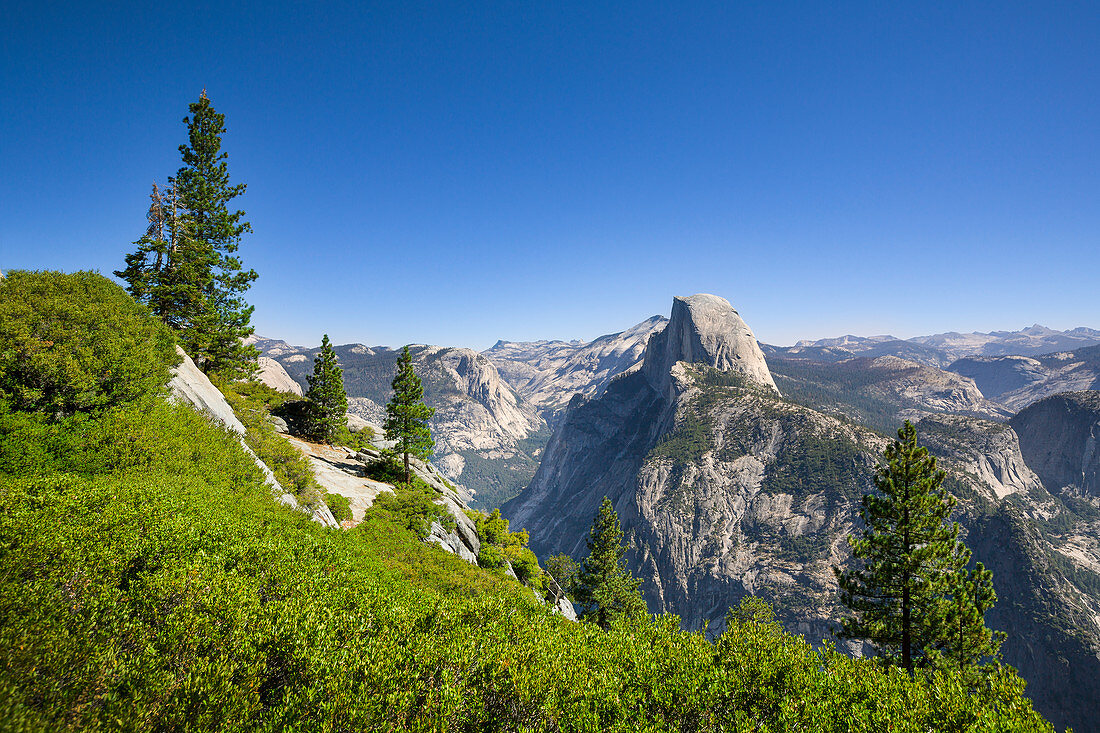 Blick auf den Half Dome im Sommer bei blauem Himmel, Yosemite Nationalpark, USA\n