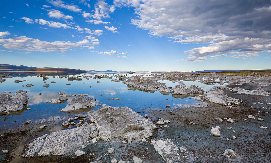 Strand am Ostufer des Mono Lake im Sommer, Kalifornien, USA\n