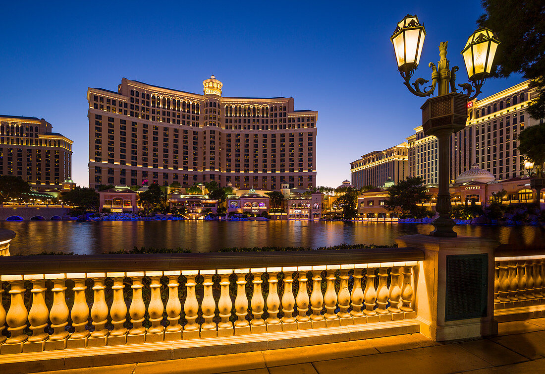 Strip at the Bellagio Hotel at dusk in Las Vegas, USA