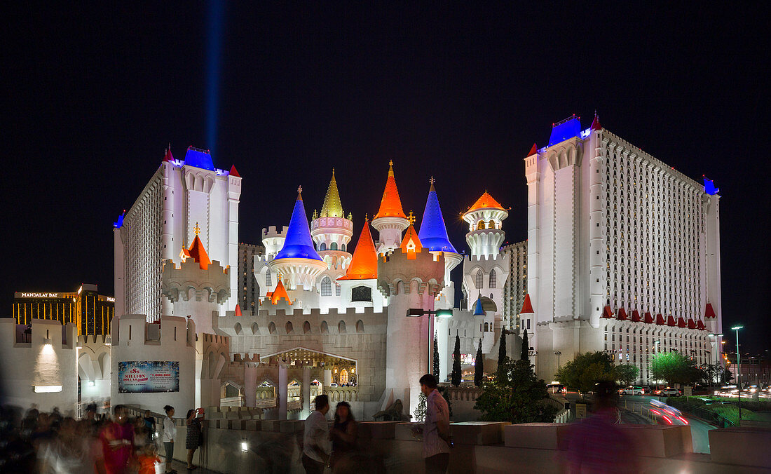 Hotel Excalibur in Las Vegas at night, USA
