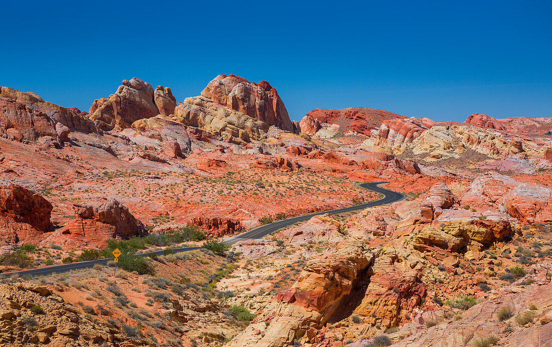 Straße durch die Wüste im Valley of Fire, USA\n