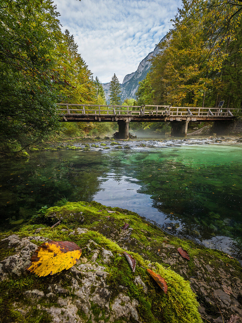 Brücke über den Fluss Savica in Ukanc, Triglav Nationalpark, Slowenien