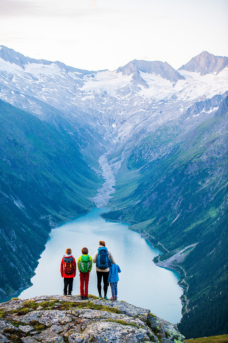 Family hike to the Olperer hut in the rear Zillertal, Tyrol, Austria