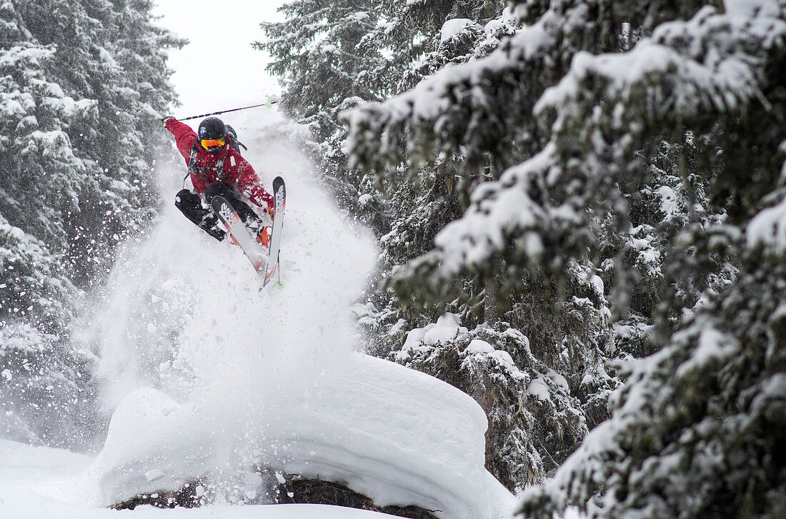 Skifahrer im Sprung durch einen verschneiten Wald, Hochzillertal, Tirol, Österreich