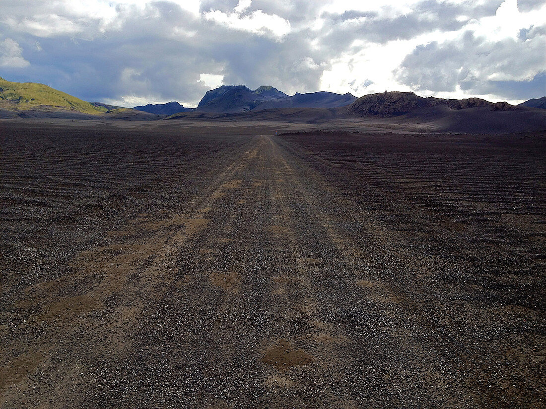 Black dirt road through the Fjallabak nature reserve, South Iceland, Iceland, Europe