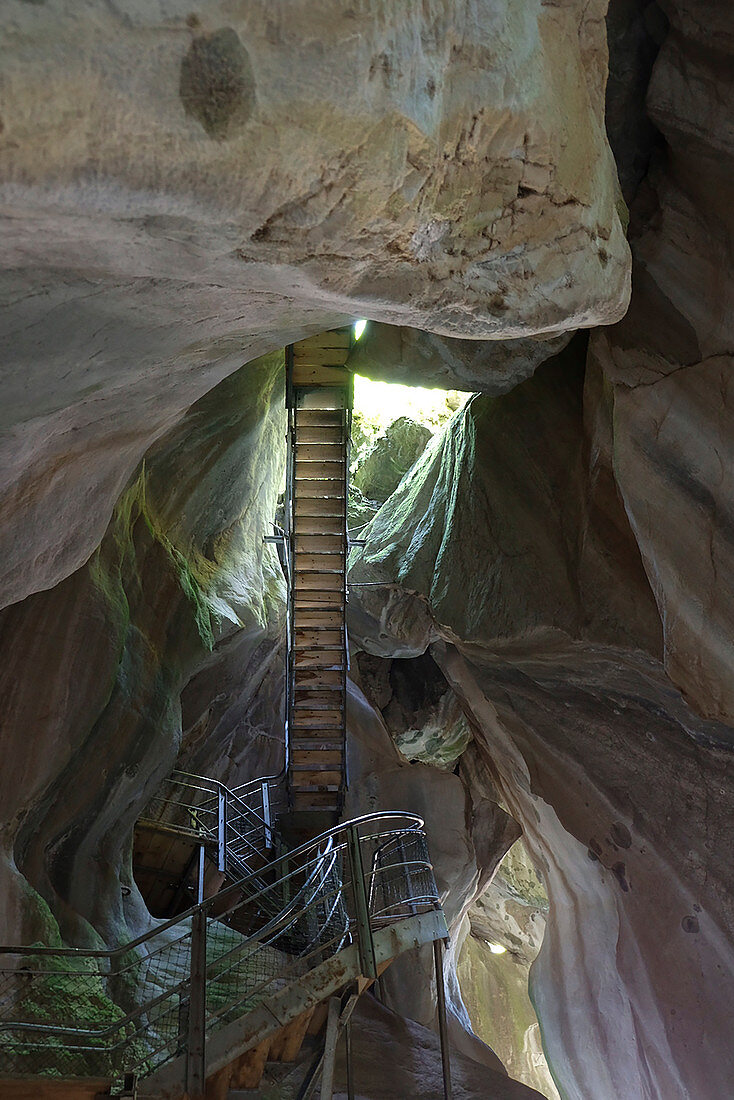 View of the stairs leading into the gorge &quot;pont du diable&quot;, Geopark Chablais, La Vernaz, France, Europe,