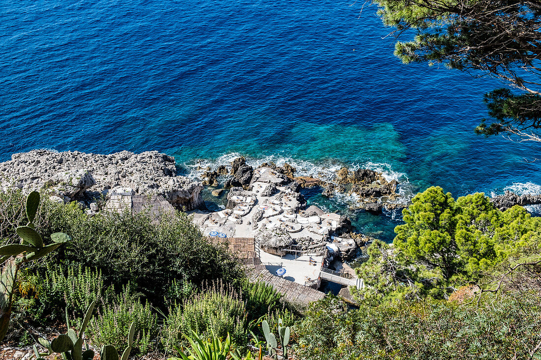 View of the Fontelina bathing establishment, Capri Island, Gulf of Naples, Italy
