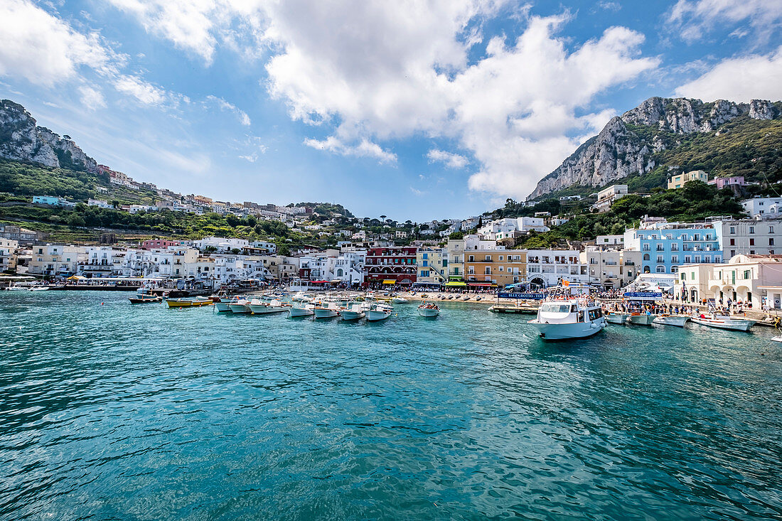 Marina Grande harbor and view of Capri, Capri Island, Gulf of Naples, Italy