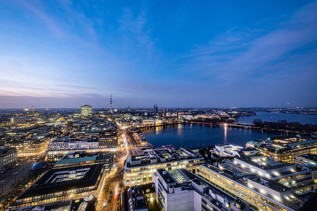 Panoramic view at blue hour on Hamburg, Hamburg, Northern Germany, Germany