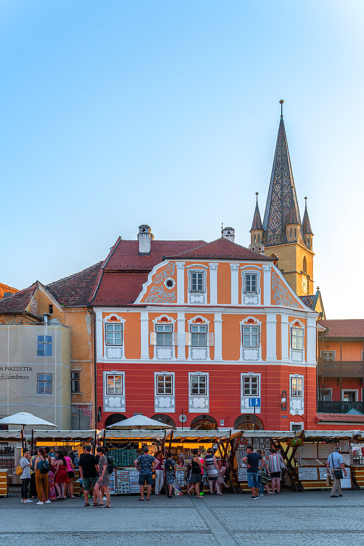 Piata Mica with Protestant parish church, Sibiu, Transylvania, Romania