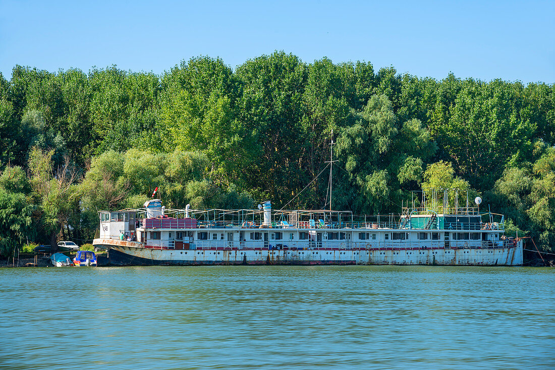 Altes Schiff auf dem Sfantu Gheorghe Arm der Donau, Donaudelta, Biosphärenreservat, UNESCO Weltnaturerbe, Dobrudscha, Rumänien