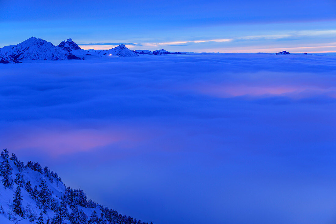 Deep view of evening high fog with Tannheim mountains, Tegelberg, Ammergau Alps, Swabia, Bavaria, Germany