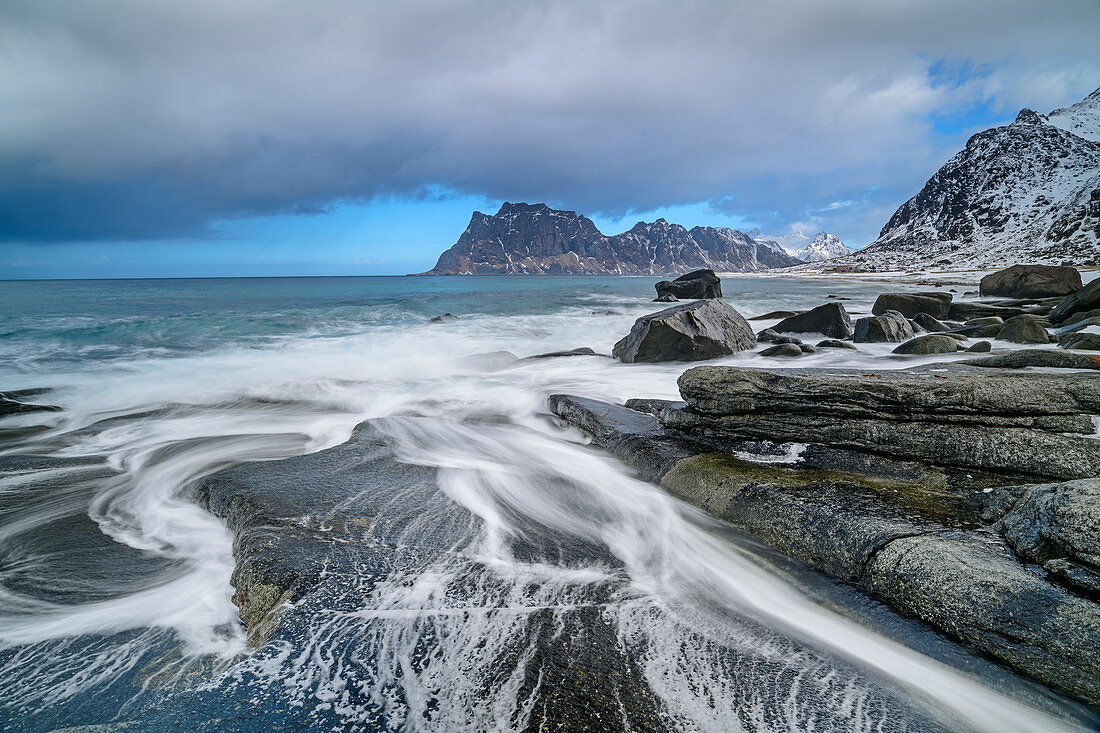 Sea surf rinses over rocks, Lofoten, Nordland, Norway