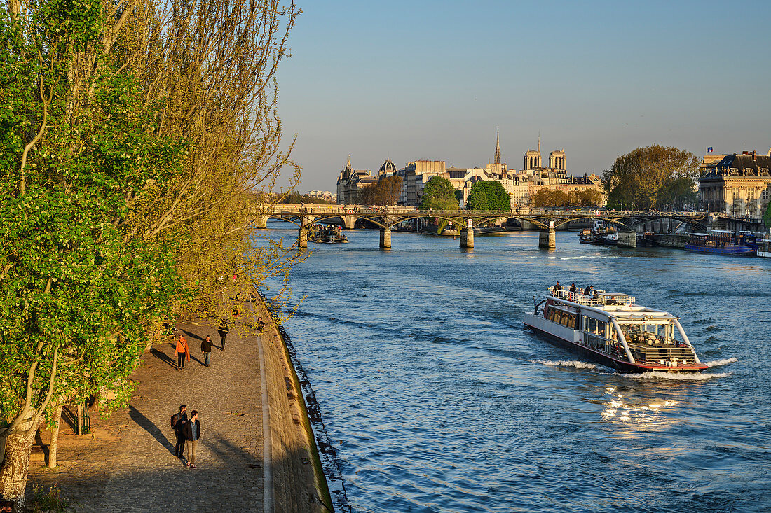 Schiff fährt auf Seine, Ile de la Cite mit Kathedral Notre-Dame im Hintergrund, Seine, UNESCO Welterbe Seine-Ufer, Paris, Frankreich