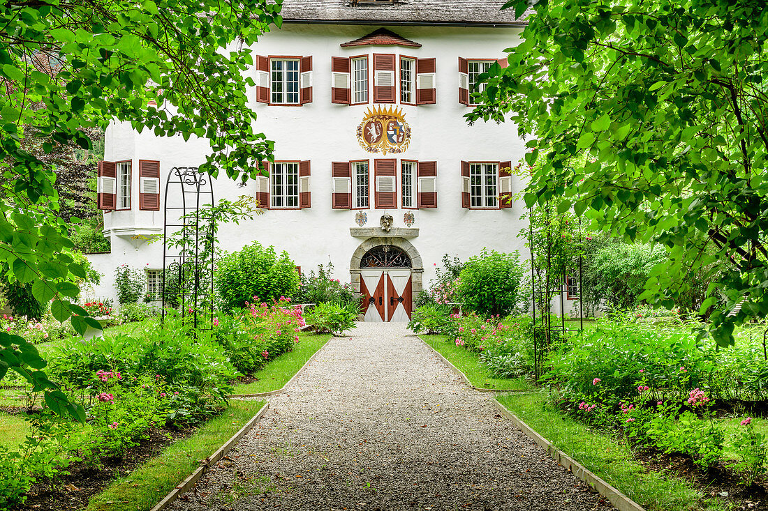 View of castle and palace garden in Stumm, Stumm, Zillertal, Tyrol, Austria