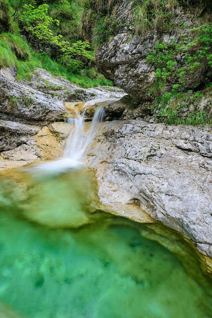 Waterfall at the Cadini del Brenton, Valle del Mis, Bellunesian Dolomites National Park, Dolomites, UNESCO World Heritage Dolomites, Veneto, Italy