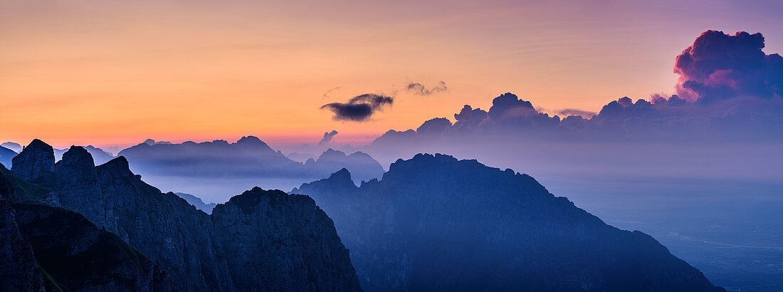 Panorama with dawn over Pizzocco and Monte San Mauro, Rifugio Dal Piaz, Feltre, Bellunesian Dolomites National Park, Dolomites, UNESCO World Heritage Dolomites, Veneto, Italy