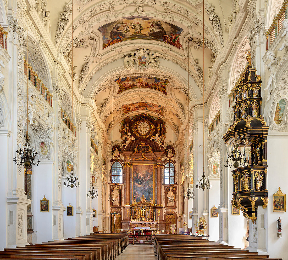 Interior shot of the St. Benedikt church, baroque, Benediktbeuern monastery, Benediktbeuern, Upper Bavaria, Bavaria, Germany