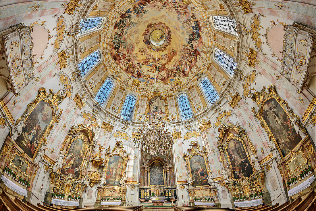 Altar and church dome of the church in Ettal Abbey, Baroque, Ettal Abbey, Ettal, Ammergau Alps, Upper Bavaria, Bavaria, Germany