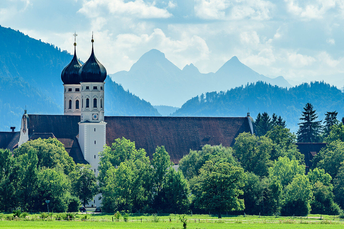 Benediktbeuern Abbey with Ahrnspitzen, Benediktbeuern, Upper Bavaria, Bavaria, Germany