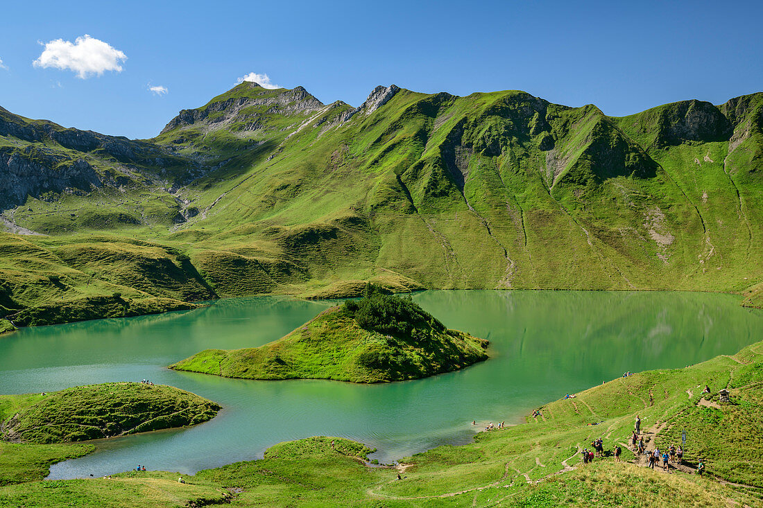 Schrecksee with island, Schrecksee, Jubiläumsweg, Allgäu Alps, Oberallgäu, Allgäu, Swabia, Bavaria, Germany