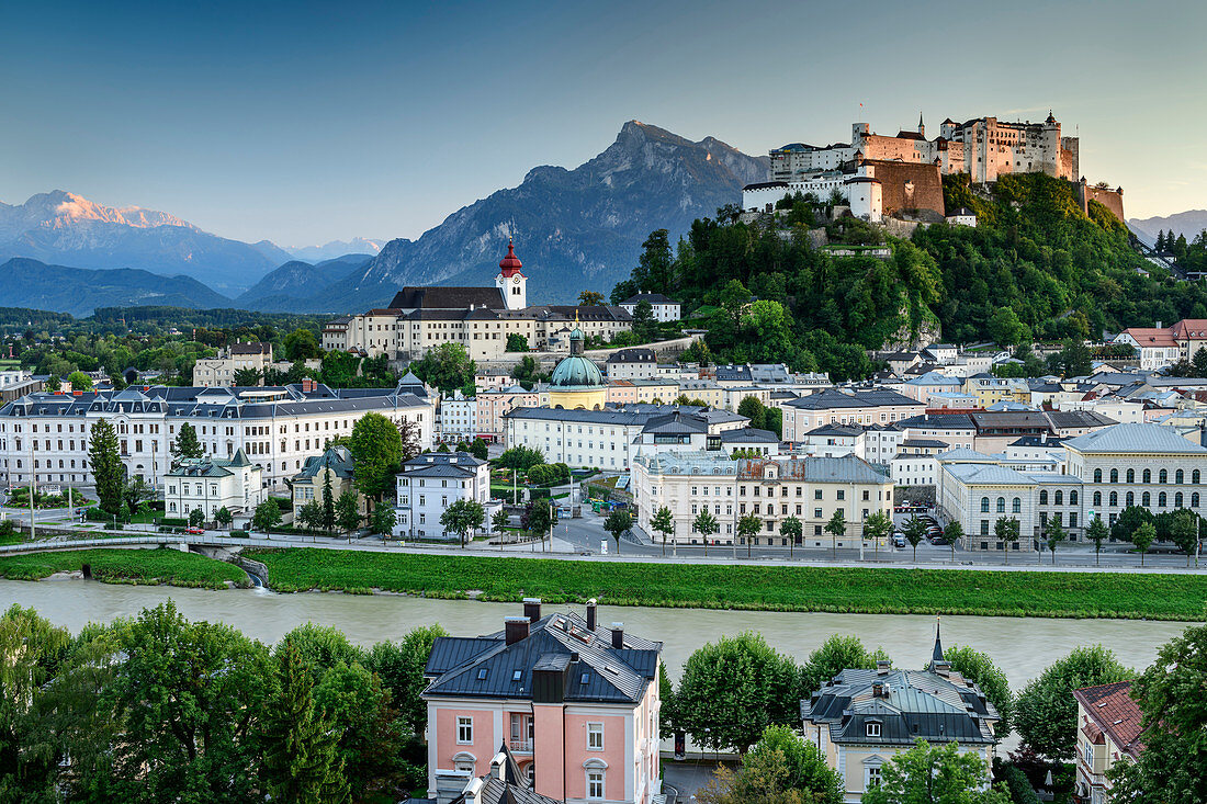 Nonnberg Abbey and Hohensalzburg over Salzach with Hoher Göll in the background, Salzburg, Austria